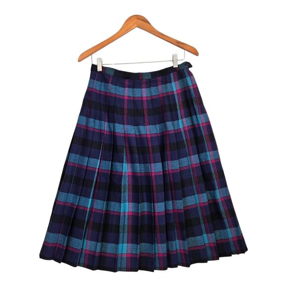 VTG Tan Jay Wool Blend Pleated Plaid Skirt Sz 14* Blue Teal Pink Preppy Academia - Picture 1 of 12